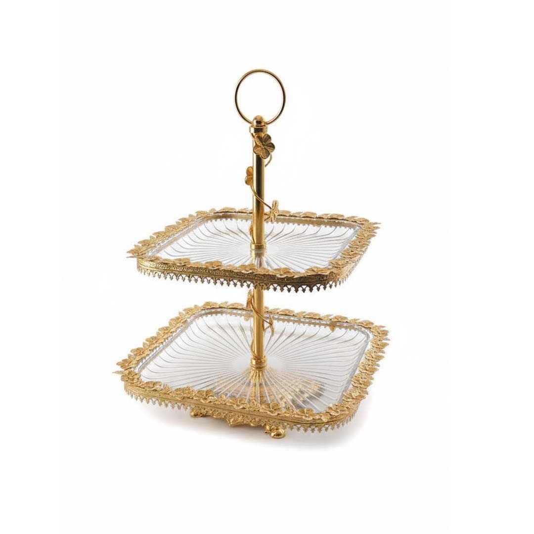 Présentoir à Gâteau 2 Étages Forme Carrée En Verre et Métal Doré – 2 niveaux