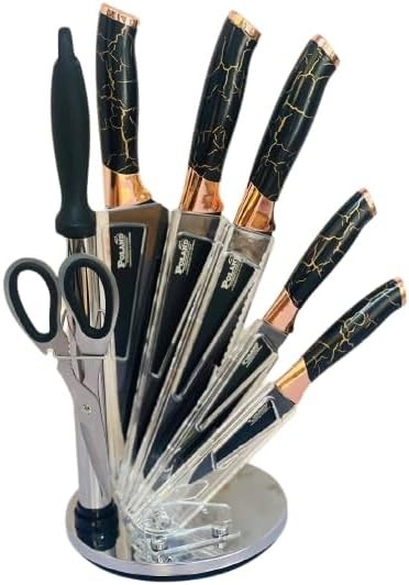 Ustensiles de cuisine (Ensemble de 5 couteaux avec support, ciseaux, aiguiseur de couteaux, couleur marbre noir)
