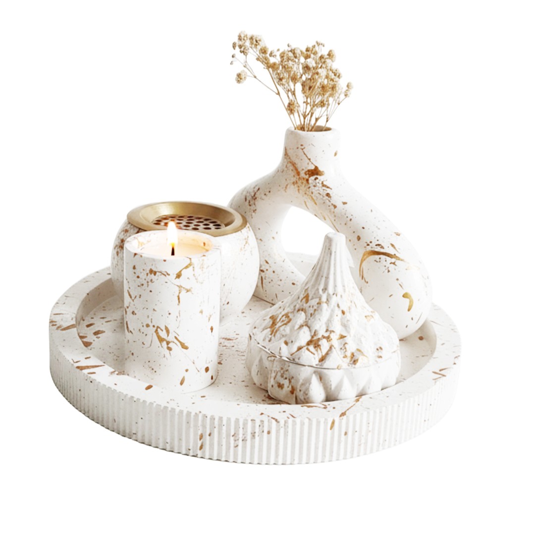 Set décoratif en plâtre effet marbré blanc et doré