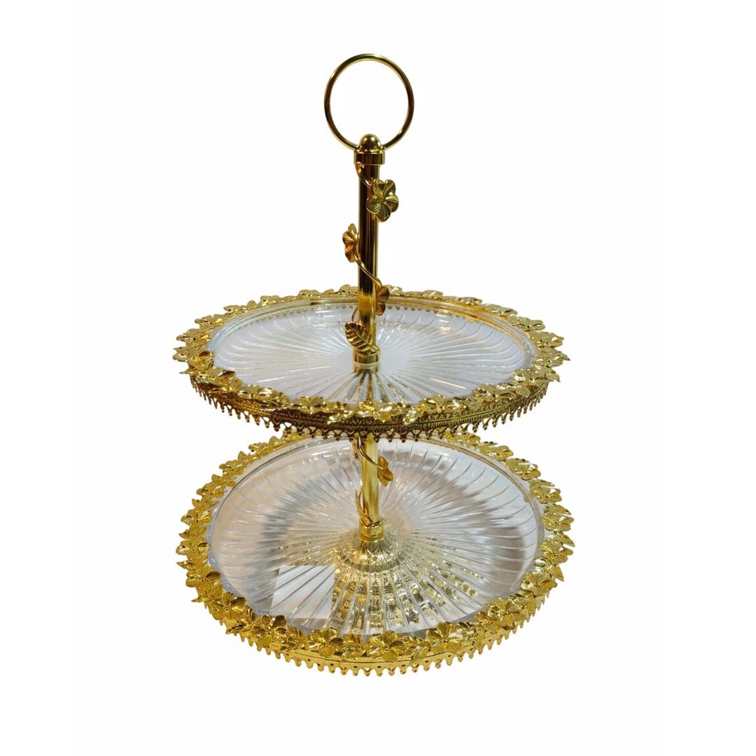 Présentoir à Gâteau 2 Étages Forme Ronde En Verre et Métal Doré – 2 niveaux